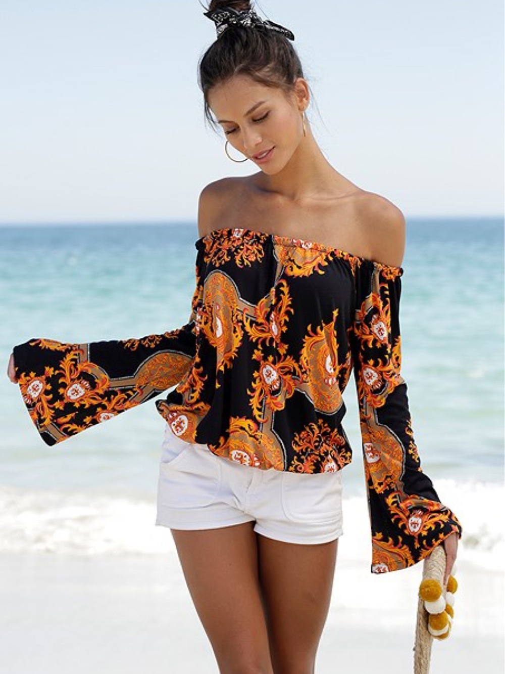 Lascana black and orange off-shoulder blouse with long trumpet sleeves. 8/10